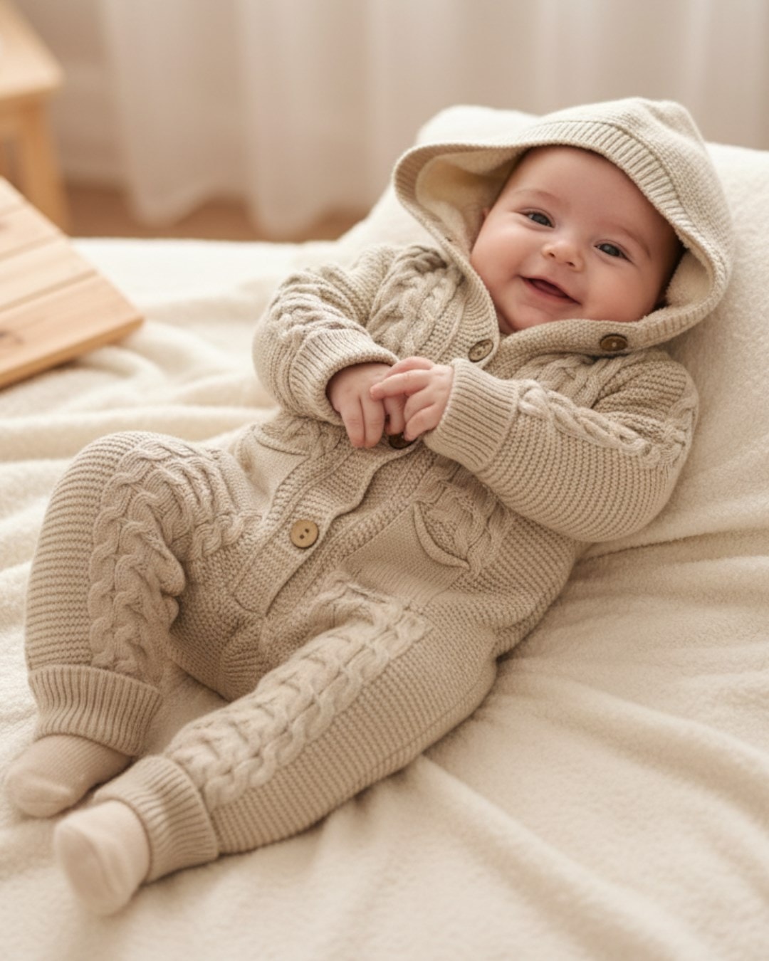 Kışlık Triko Bebek Tulumu, İçi Welsoftlu Düğmeli, Kapüşonlu 3-6-9-12 Aylık Kalın Peluş Tulum R2200 - BEJ