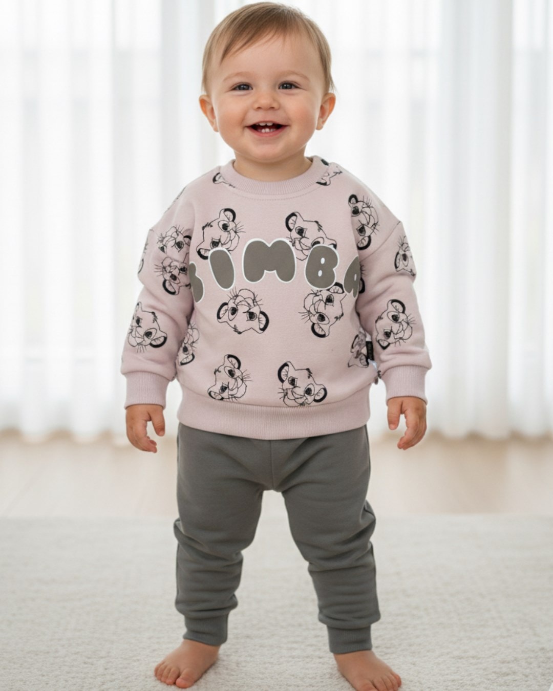 Erkek Çocuk Simba Baskılı 3 İp Şardonlu Kışlık 3-6-9-12-18 Ay Bebek Takımı R1452 - PEMBE