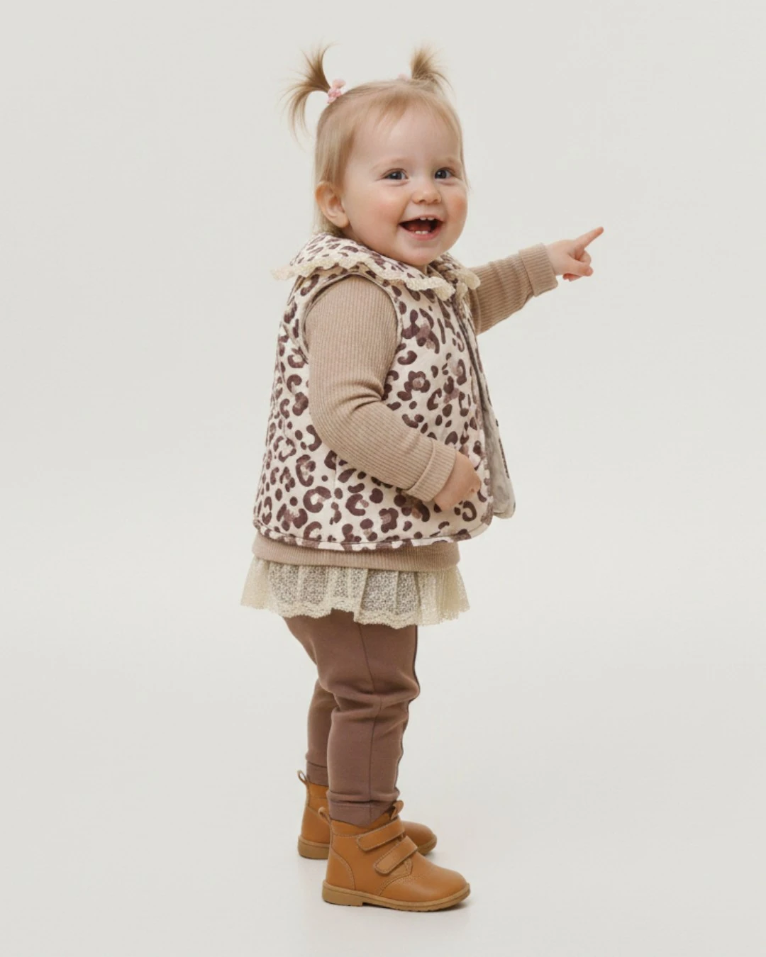 Kız Bebek Leopar Desenli Şişme Yelekli, 2-3-4 Yaş Taytlı Mevsimlik 3'lü Şık Kombin l Takım R2373