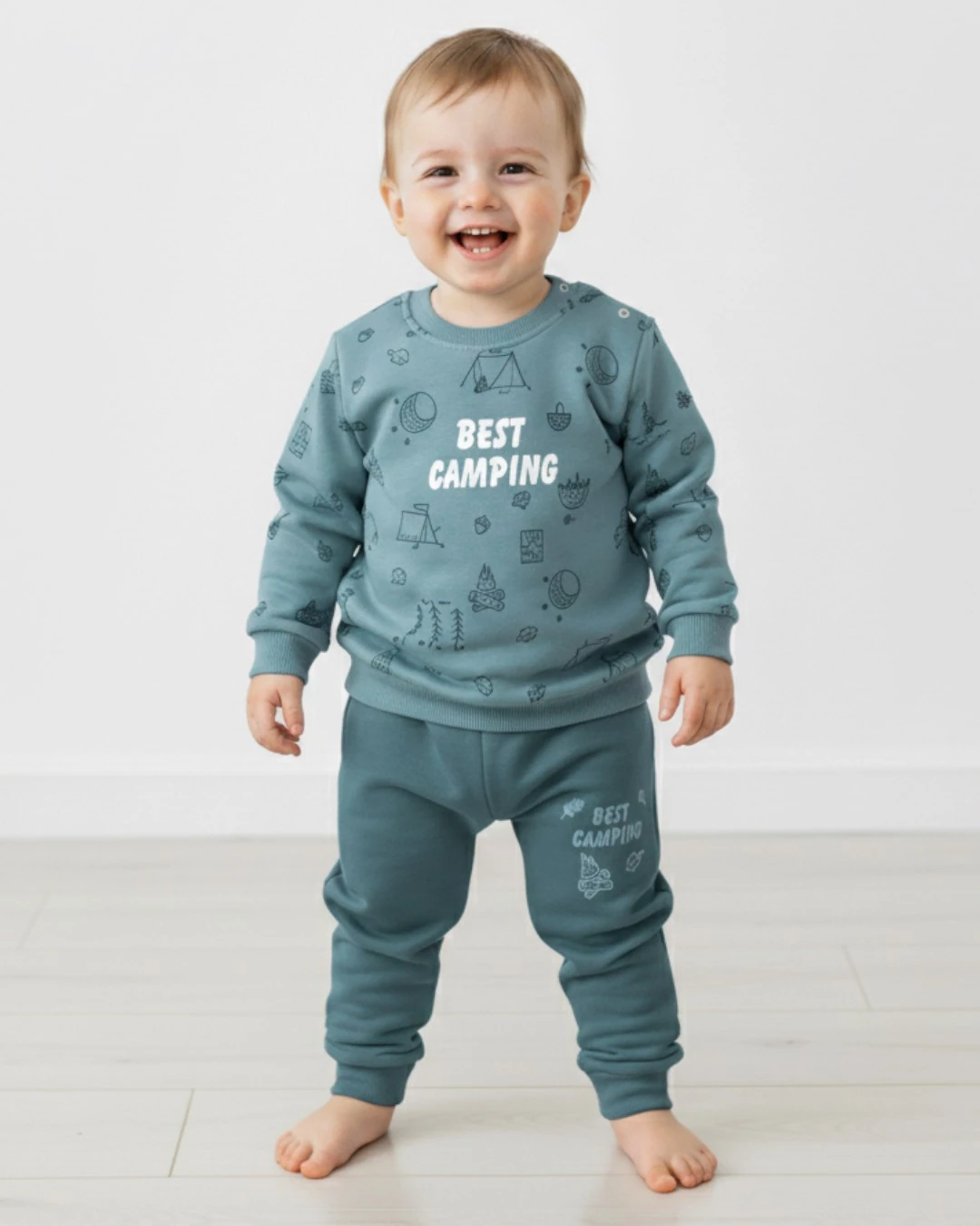 Erkek Bebek  6-9-12-18-24 Ay Kışlık 3 İP Şardonlu Baskılı Alt Üst Şık Eşofman Takımı R2277 - PETROL