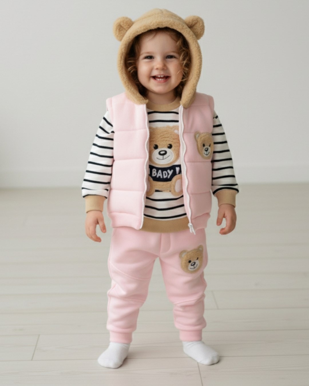 Kız Bebek 3 İp Şardonlu, Welsoft Kapüşonu Kulak Detaylı 6-9-12-18 Aylık, 2-3-4 Yaş 3 Parça Kışlık Takım R2240 - PEMBE