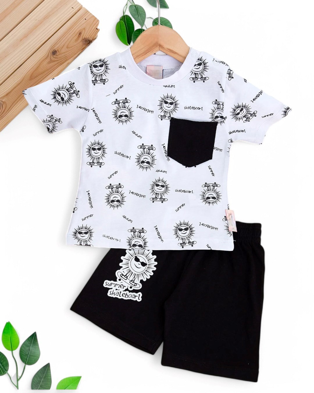 ERKEK BEBEK YAZLIK BASKILI CEP DETAYLI 6-9-12-18-24 AY ŞORTLU BEBEK TAKIMI R1691 - BEYAZ