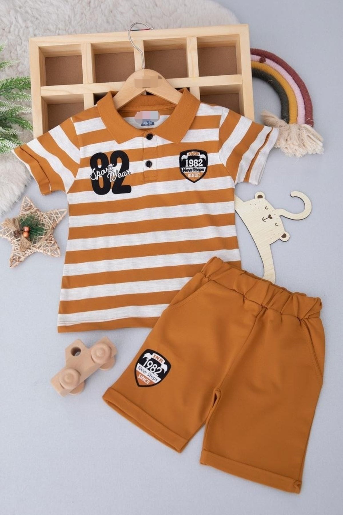 Erkek Çocuk Günlük Çizgili Polo Yakalı Şık T-shirt Ve Şort Alt Üst Takımı R499 - KAHVE