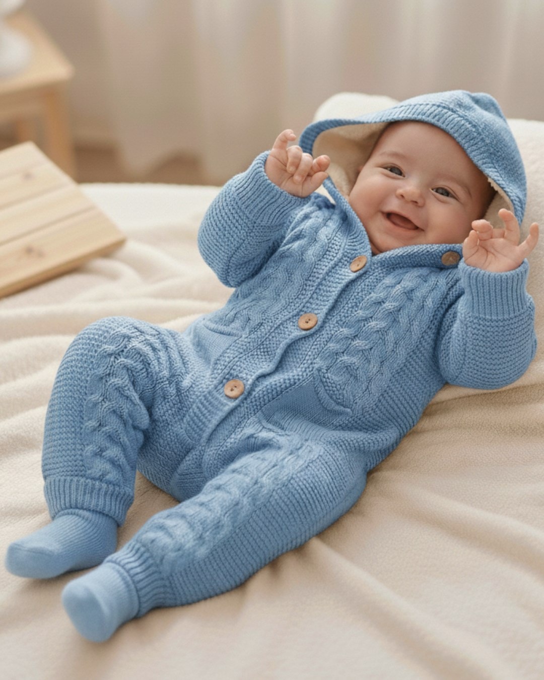 Kışlık Triko Bebek Tulumu, İçi Welsoftlu Düğmeli, Kapüşonlu 3-6-9-12 Aylık Kalın Peluş Tulum R2200 - MAVİ