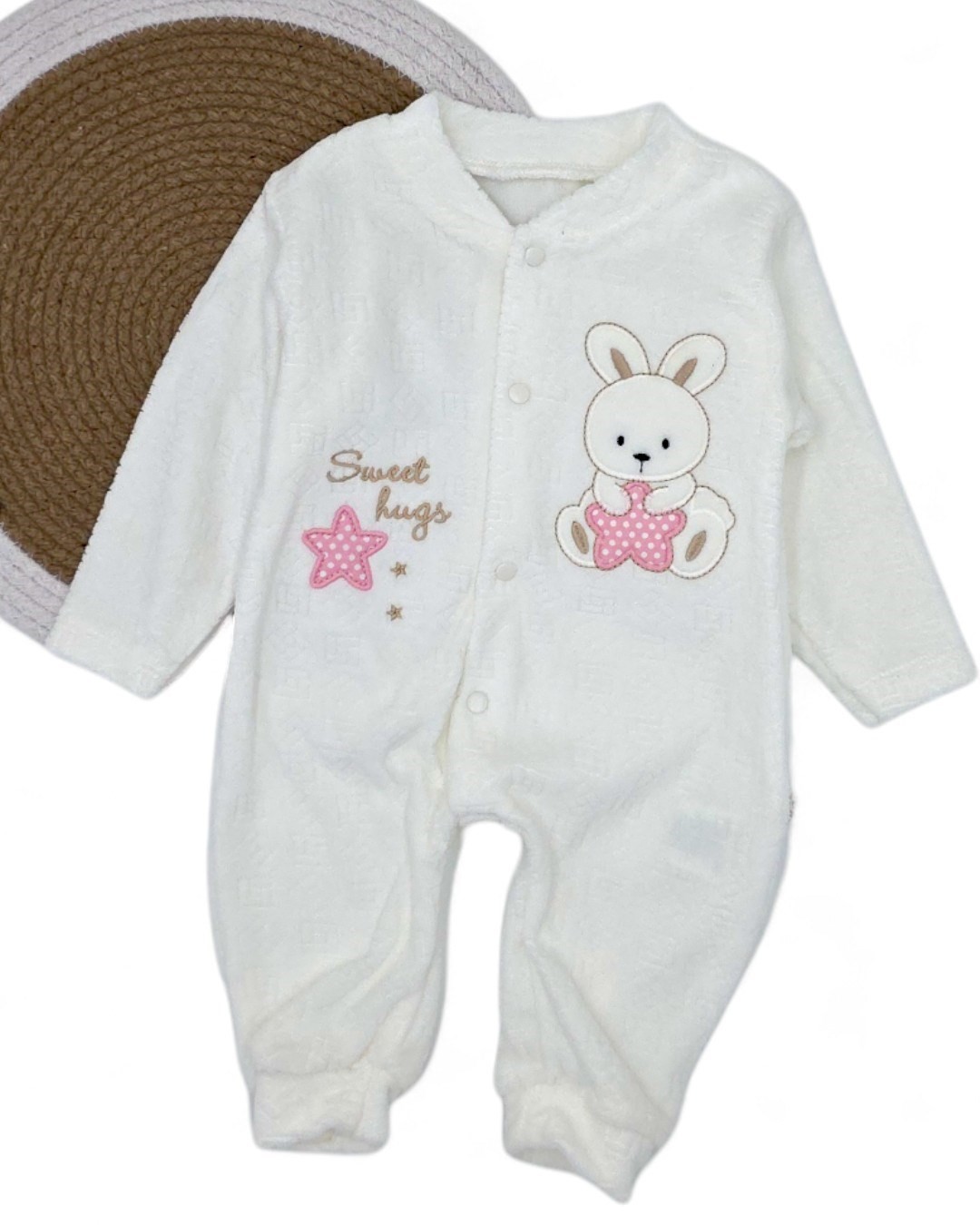 Kız Bebek Kışlık Tavşan Desenli 0-1-3-6 Ay Kadife Çıtçıtlı Tulum R2161 - BEYAZ