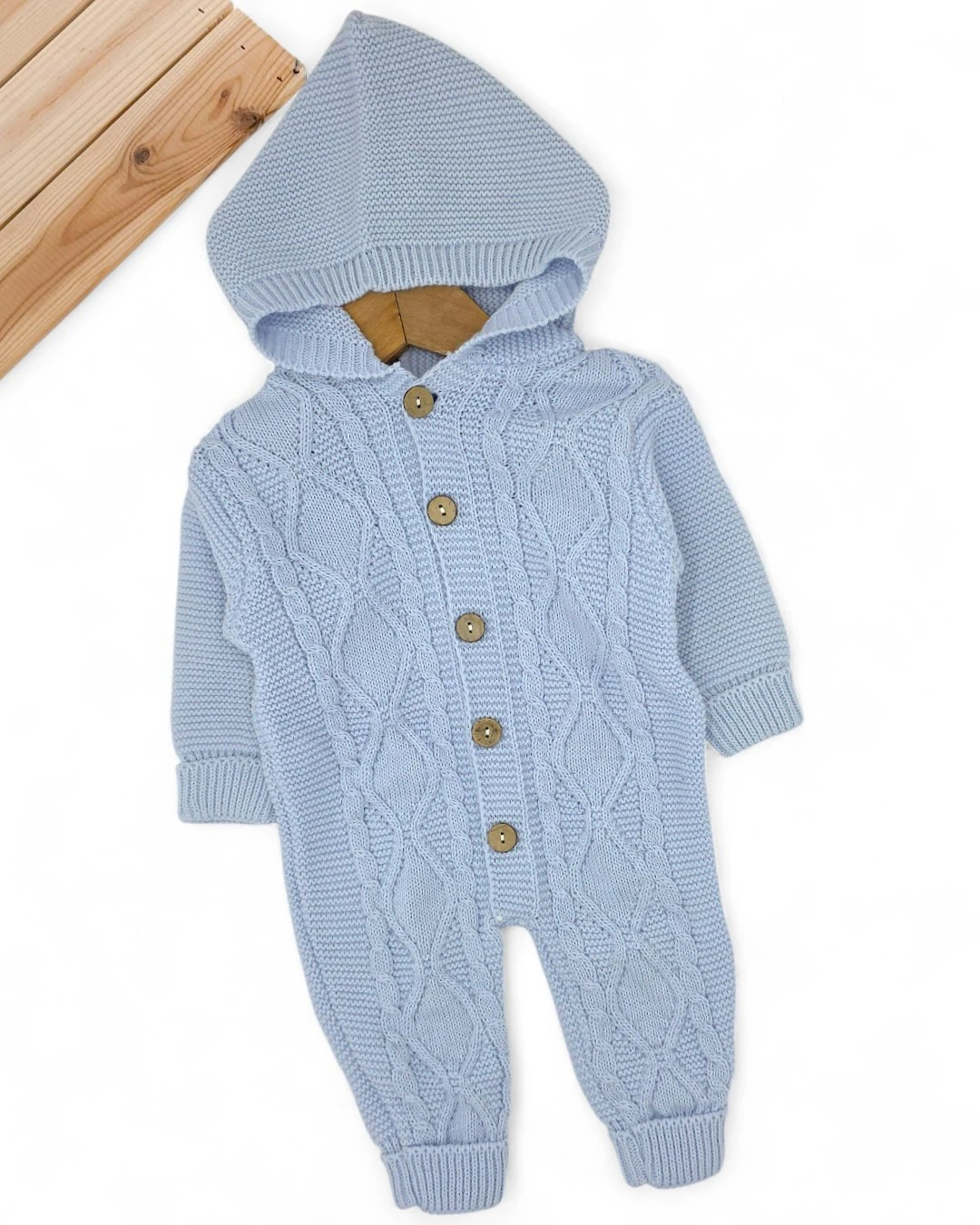 Kapüşonlu Düğmeli Kışlık Triko Tulum, 3-6-9-12 Ay Triko Tulum R2207