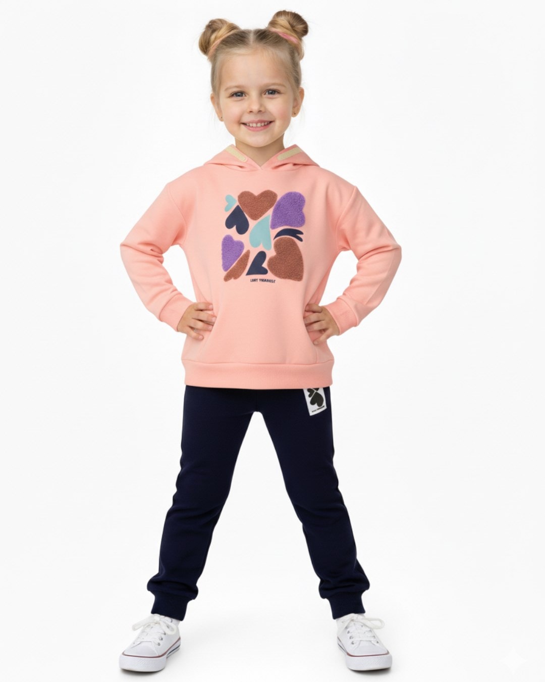 Kız Çocuk Kalp Baskılı, Kapüşonlu Sweatshirtlü Mevsimlik 2-3-4-5-6 Yaş Alt Üst Eşofman Takımı R2327 - SOMON