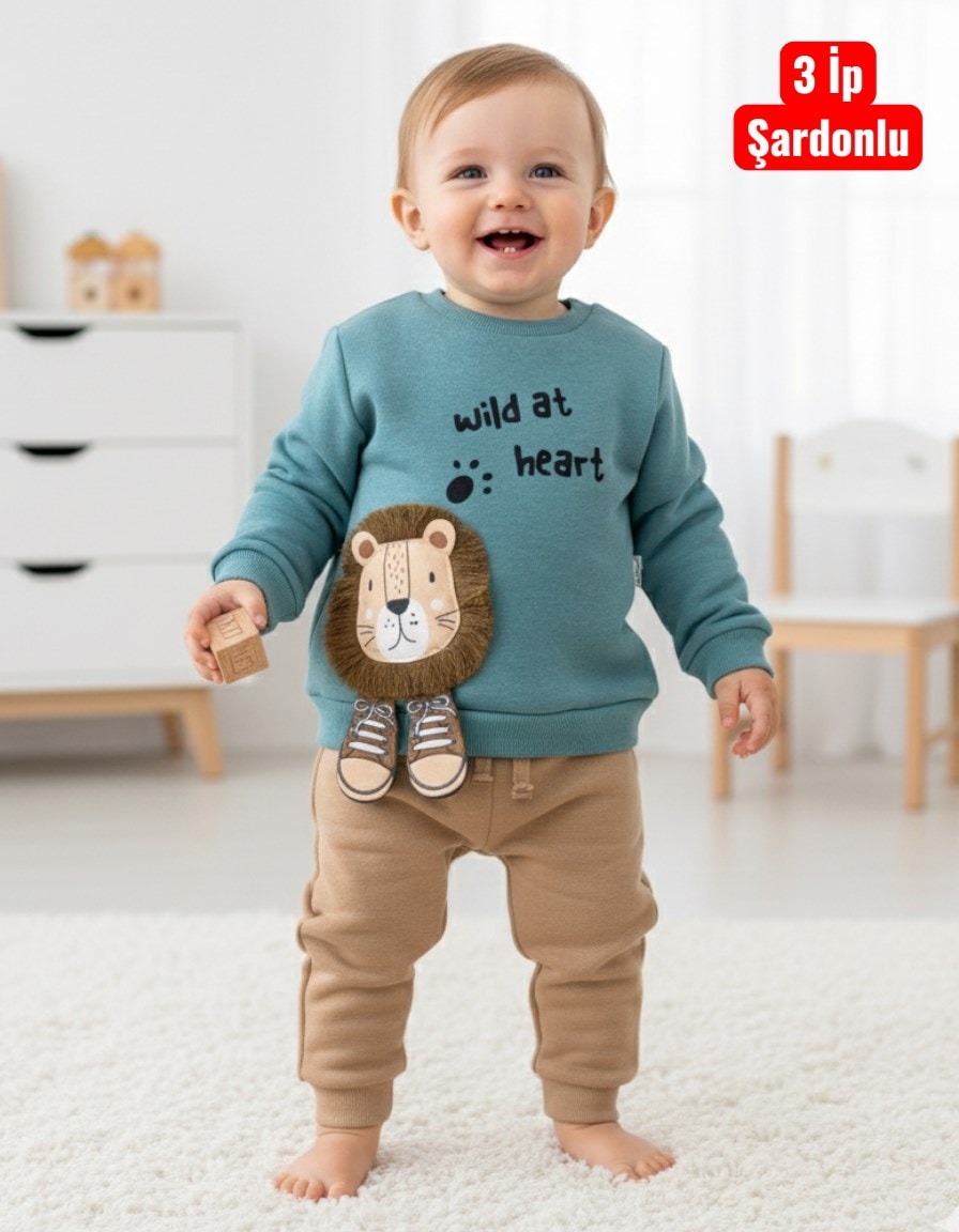Erkek Bebek Yeleli Aslan Baskılı 6-9-12-18-24 Ay 3 İp Şardonlu Kışlık Alt Üst Takım R2311 - YEŞİL