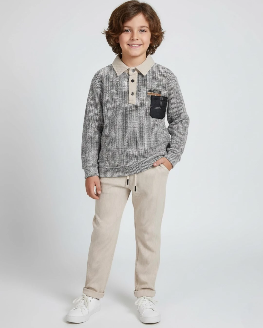 Erkek Çocuk Mevsimlik 4-11 Yaş Gömlek  Yakalı 2'li Alt Üst Şık Takım R1611 - BEJ