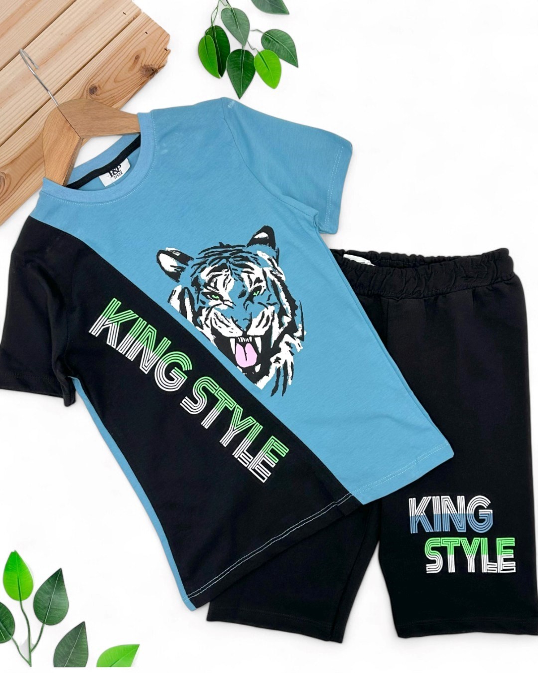 ERKEK ÇOCUK 5-6-7-8-9 YAŞ KING BASKILI ŞORTLU YAZLIK ALT ÜST TAKIM OT6 - MAVİ