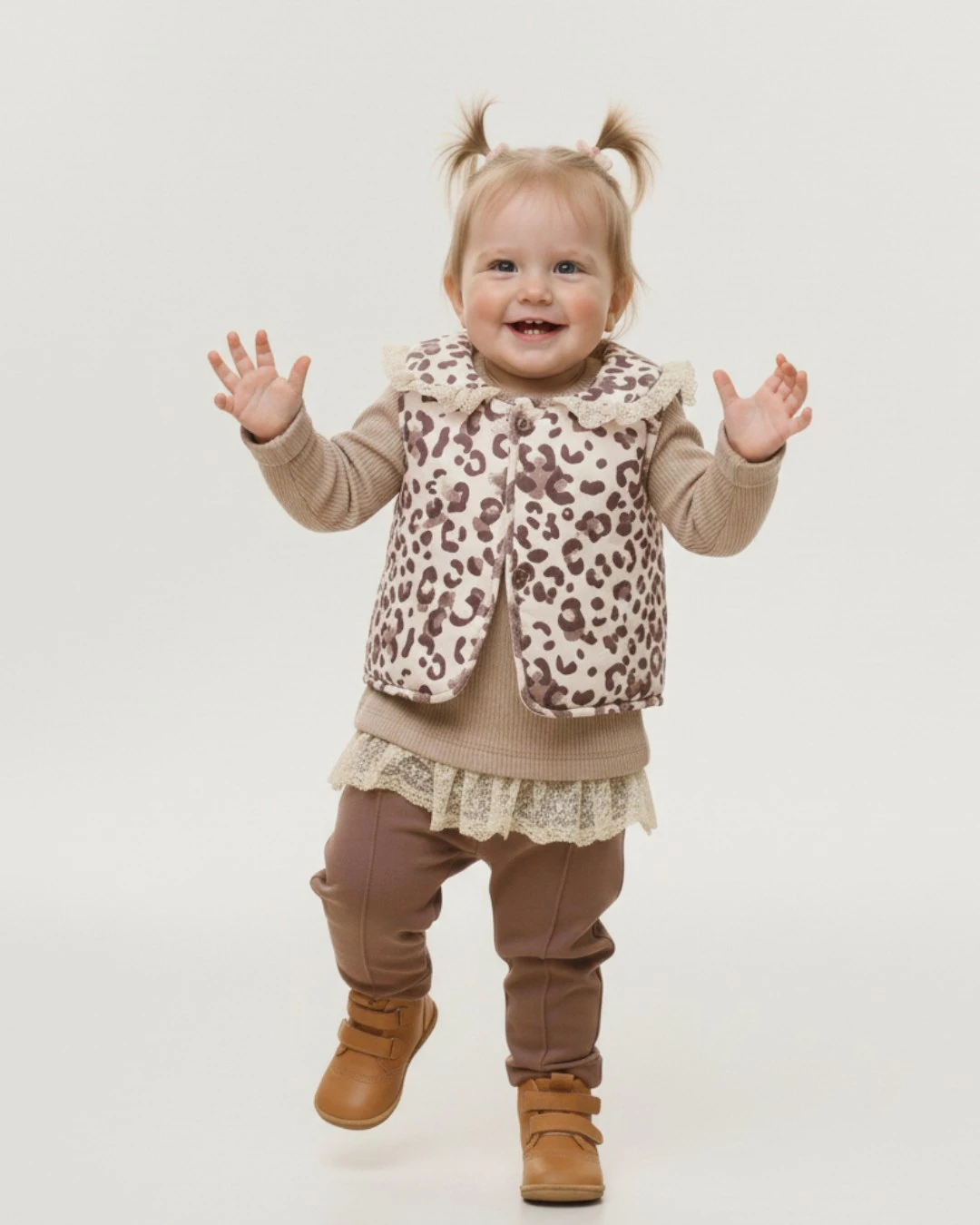 Kız Bebek Leopar Desenli Şişme Yelekli, 2-3-4 Yaş Taytlı Mevsimlik 3'lü Şık Kombin l Takım R2373