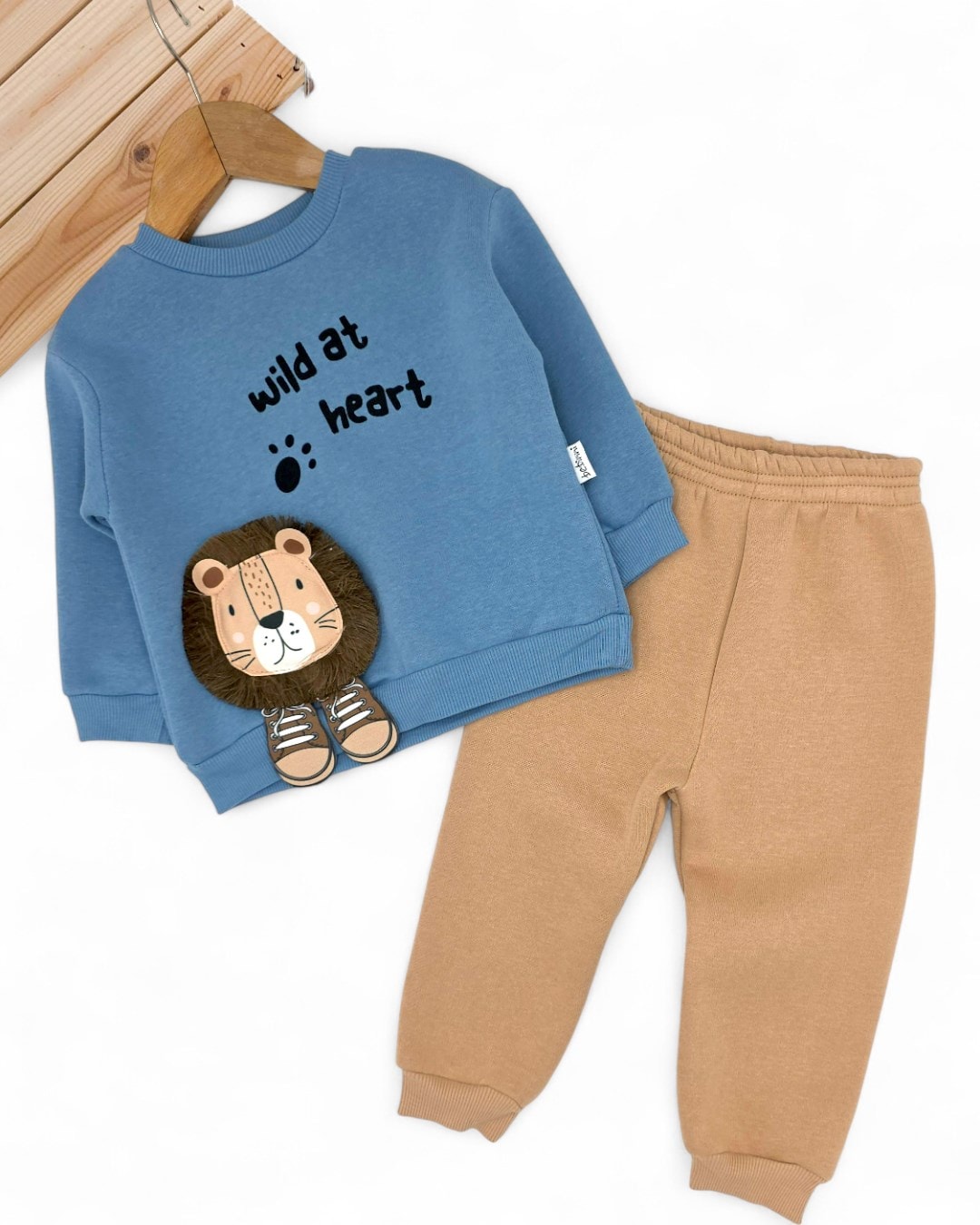 Erkek Bebek Yeleli Aslan Baskılı 6-9-12-18-24 Ay 3 İp Şardonlu Kışlık Alt Üst Takım R2311