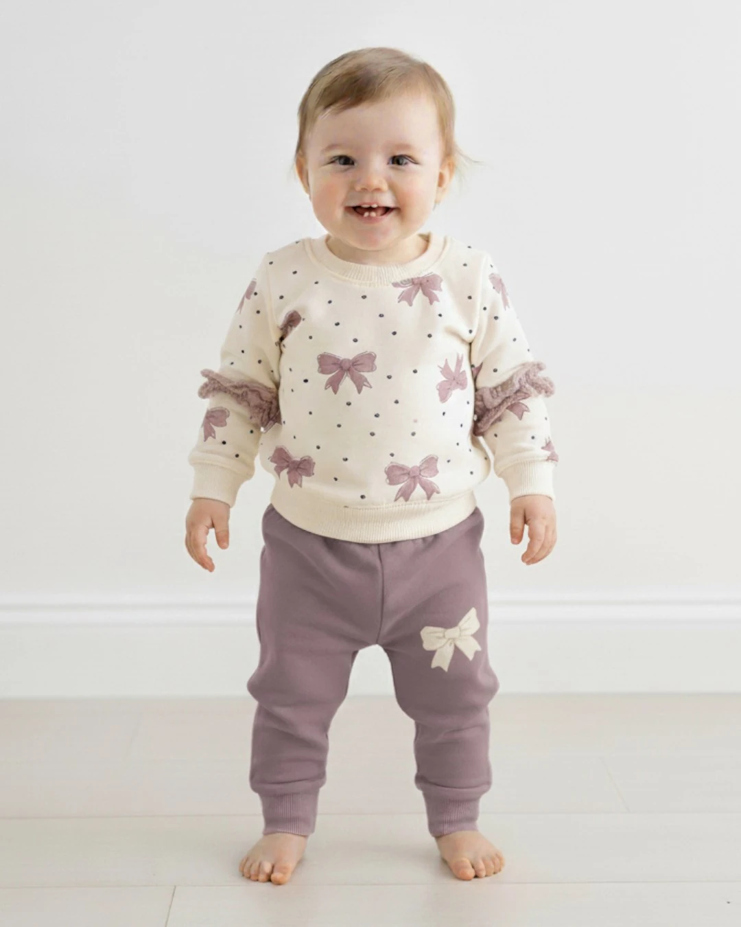 Kız Bebek Fiyonk Baskılı Mevsimlik 2’li Takım – Fiyonklu Fırfırlı Uzun Kollu Üst ve Fitilli Tayt – R1994 - GÜL KURUSU