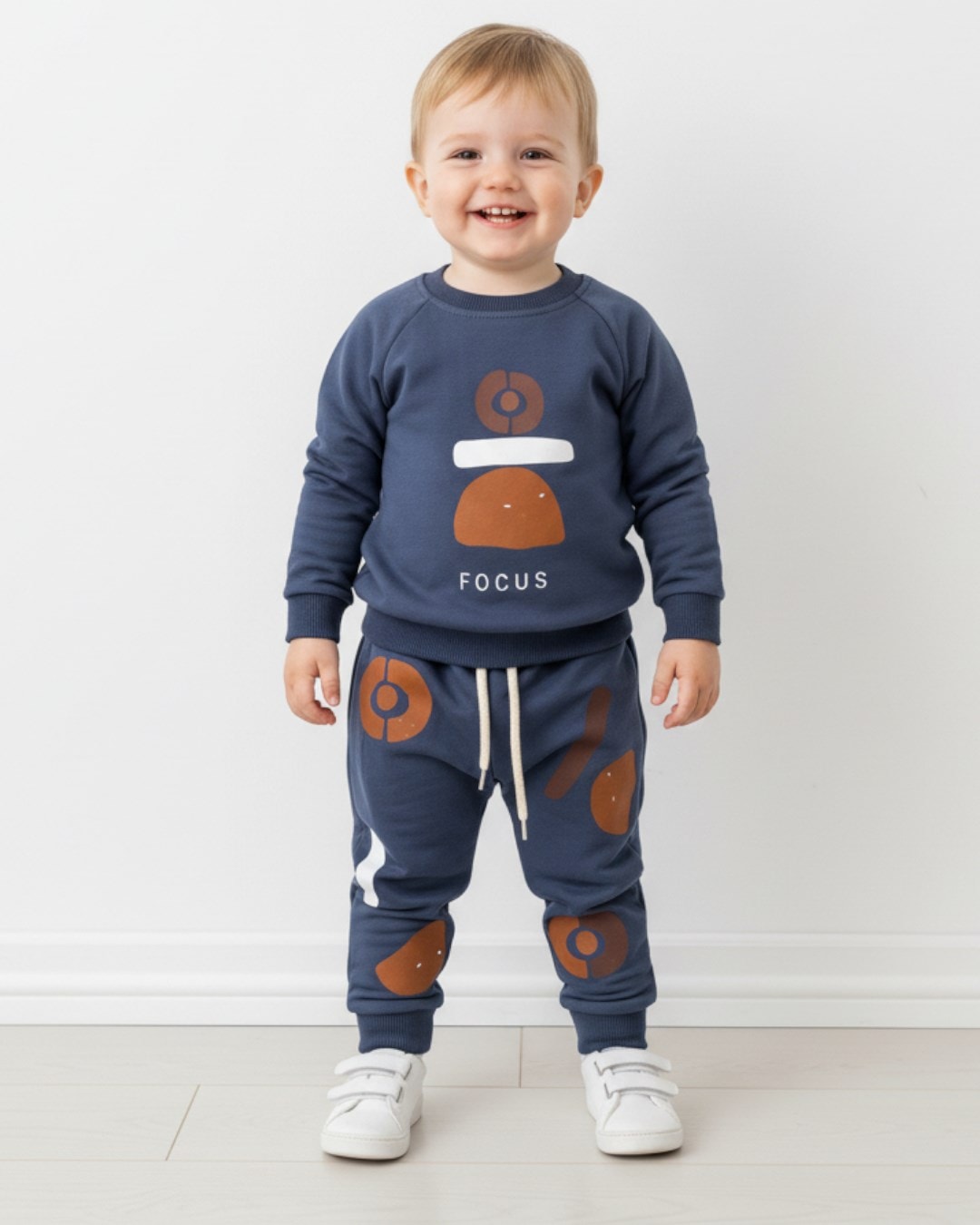 Erkek Bebek Mevsimlik Focus Baskılı Sweatshirt ve Altlı 6-9-12-18-24 Ay Şık Bebek Takımı R2113 - LACİVERT