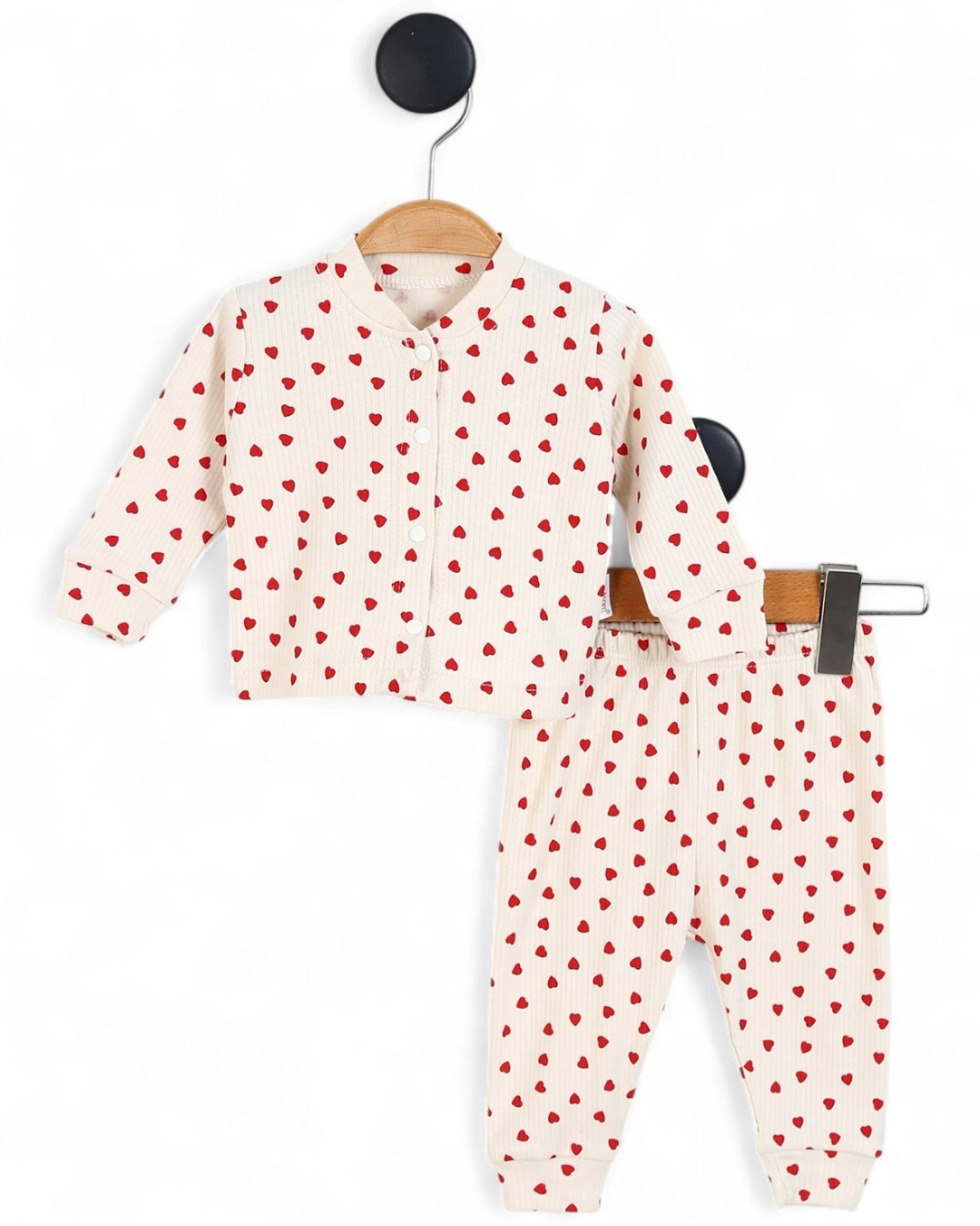 Kız Bebek Kalp Baskılı İnce Fitilli Gecelik Pijama Takımı Çıtçıtlı  Alt Üst Takım  R1474 - BEJ