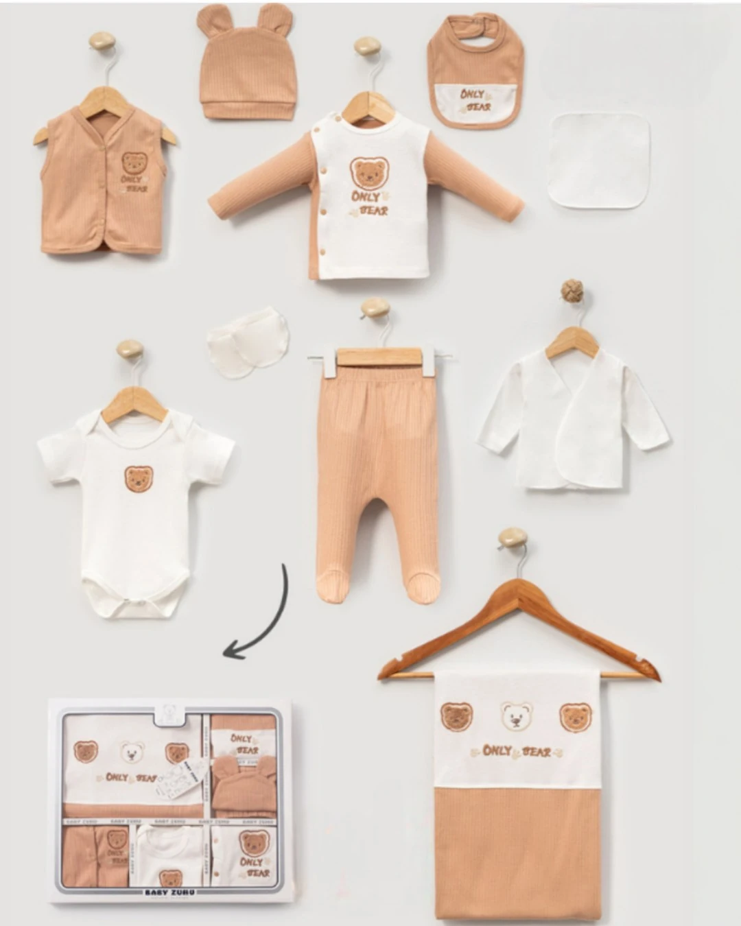 Erkek Bebek Bear Ayıcık Nakışlı Fitilli, 10 Parça Hastane Çıkışı Zıbın Seti R2359 - KAHVERENGİ