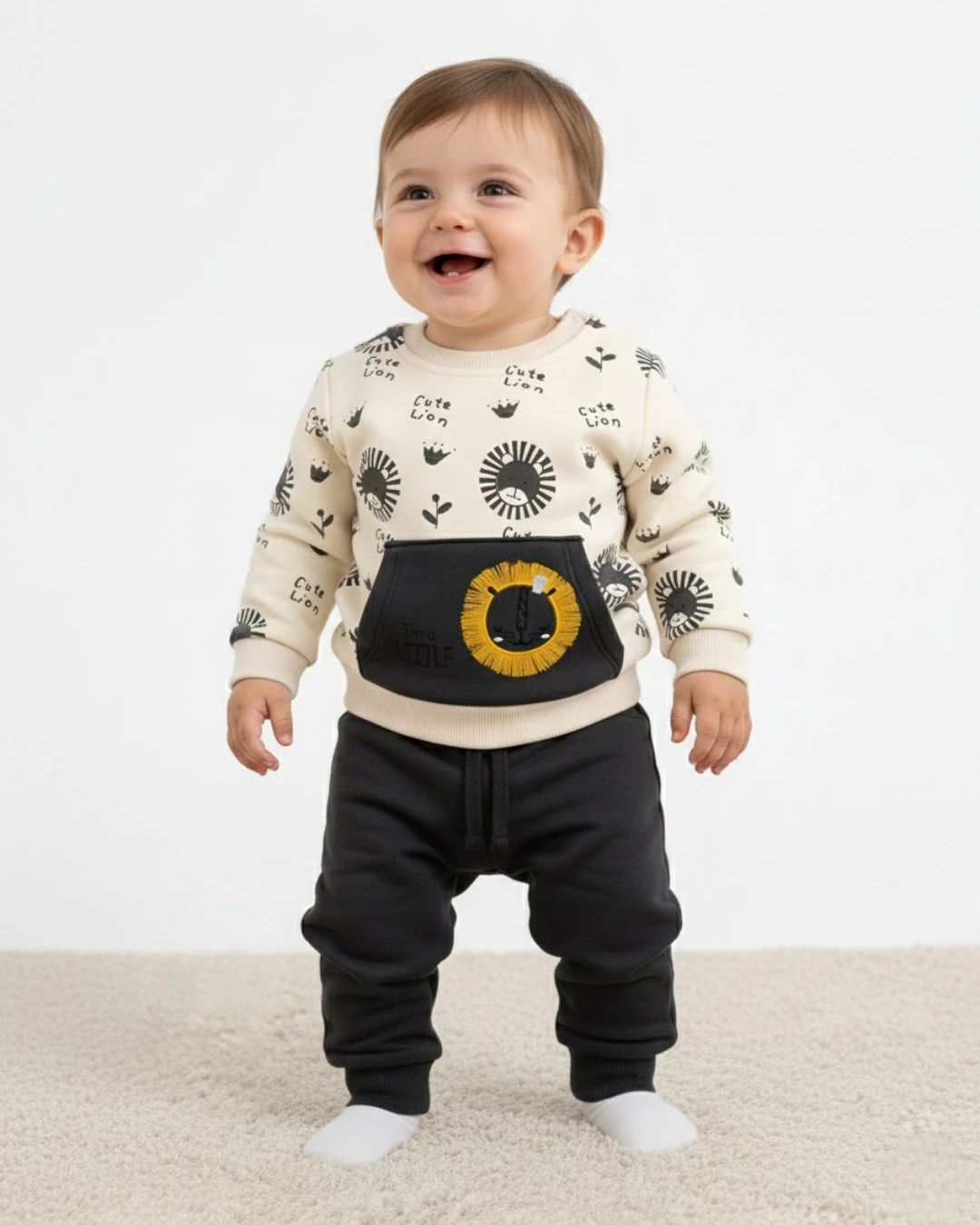 Erkek Bebek Aslan Nakışlı Kışlık 3 İp Şardonlu 6-9-12-18-24 Ay Alt Üst Bebek Takımı R2394 - FÜME