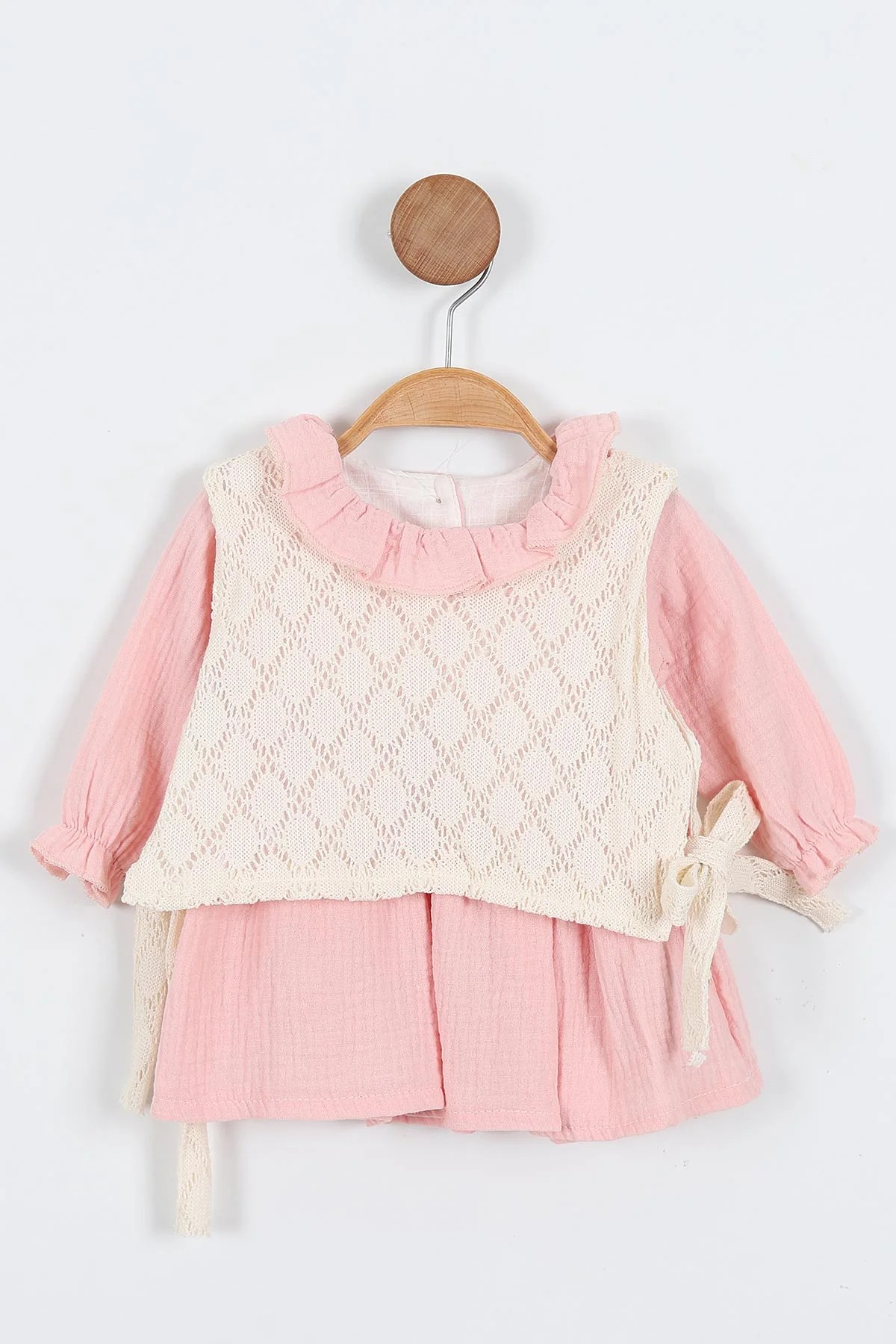 KIZ BEBEK ÖRGÜ YELEKLİ MÜSLİN 3-6-9-12-18 AY BEBEK ELBİSESİ / BAYRAMLIK ÖZEL GÜN ELBİSE R1554 - PEMBE