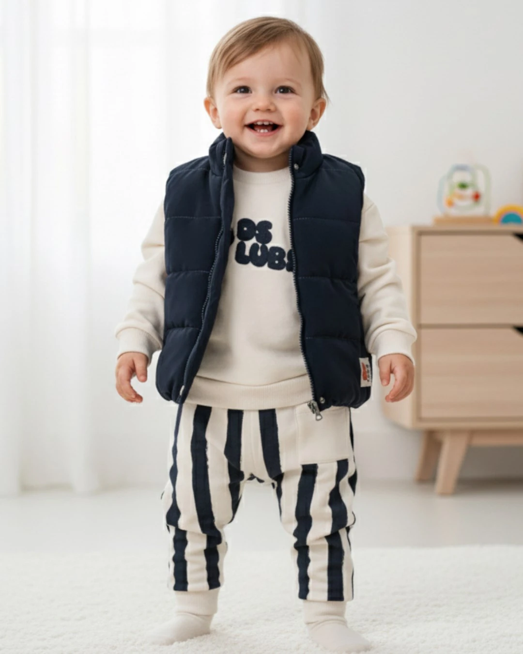 Erkek Bebek Yelekli Şık Kombin, 6-9-12-18-24 Aylık 3 Parçalı Şişme Yelekli Alt Üst Bebek Takımı R2344 - LACİVERT