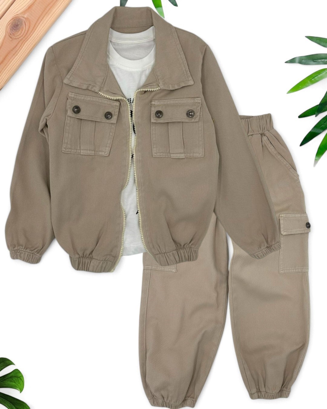 ERKEK ÇOCUK 3'LÜ 5-6-7-8-9 YAŞGABARDİN KOT TAKIM / DENİM CEKET JEAN PANTALON R1631 - BEJ