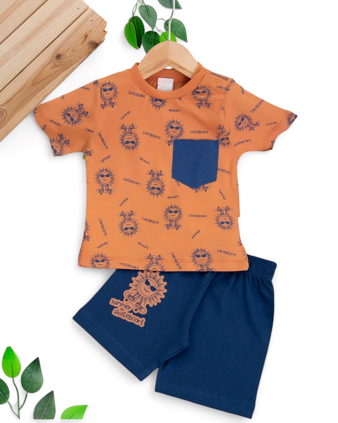 ERKEK BEBEK YAZLIK BASKILI CEP DETAYLI 6-9-12-18-24 AY ŞORTLU BEBEK TAKIMI R1691 - KAHVERENGİ