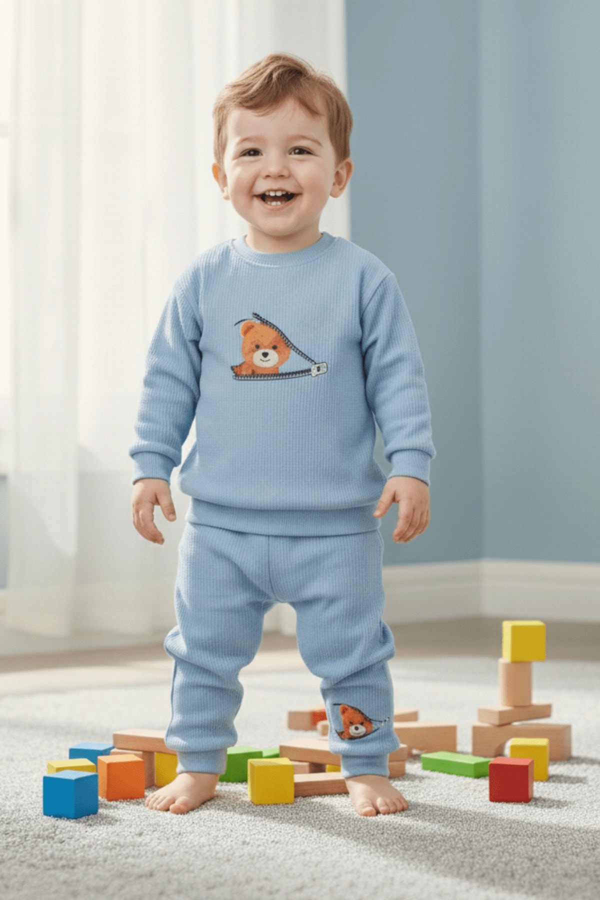 Ayıcıklı Fermuar Desenli Fitilli Pamuklu Erkek Bebek Takımı | Bebek Eşofman Pijama Alt Üst Takım R2208 - MAVİ