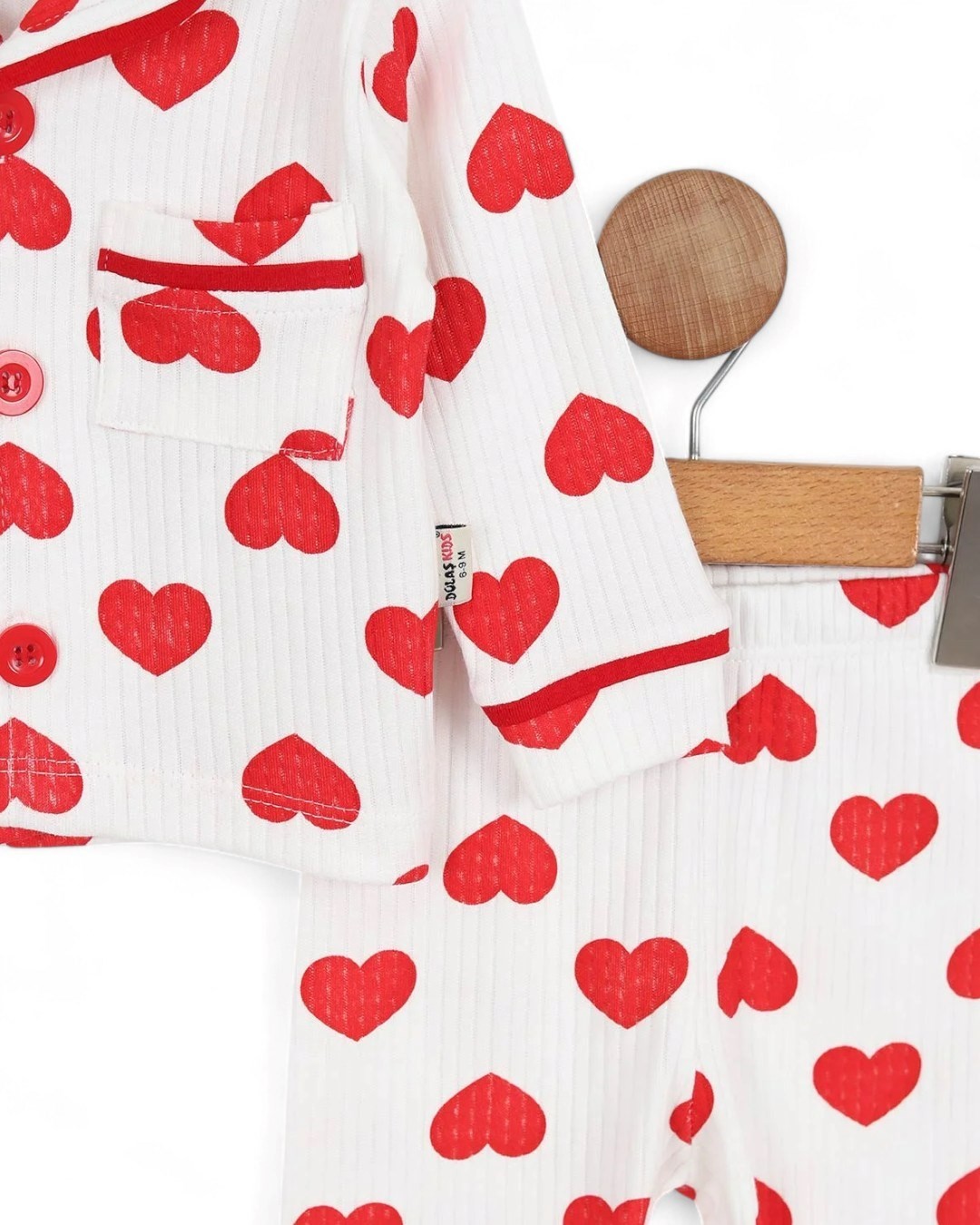 Kız 0-6 Yaş Kalp Baskılı, Kruvaze Yakalı Mevsimlik Düğmeli Gecelik Pijama Takımı R2184