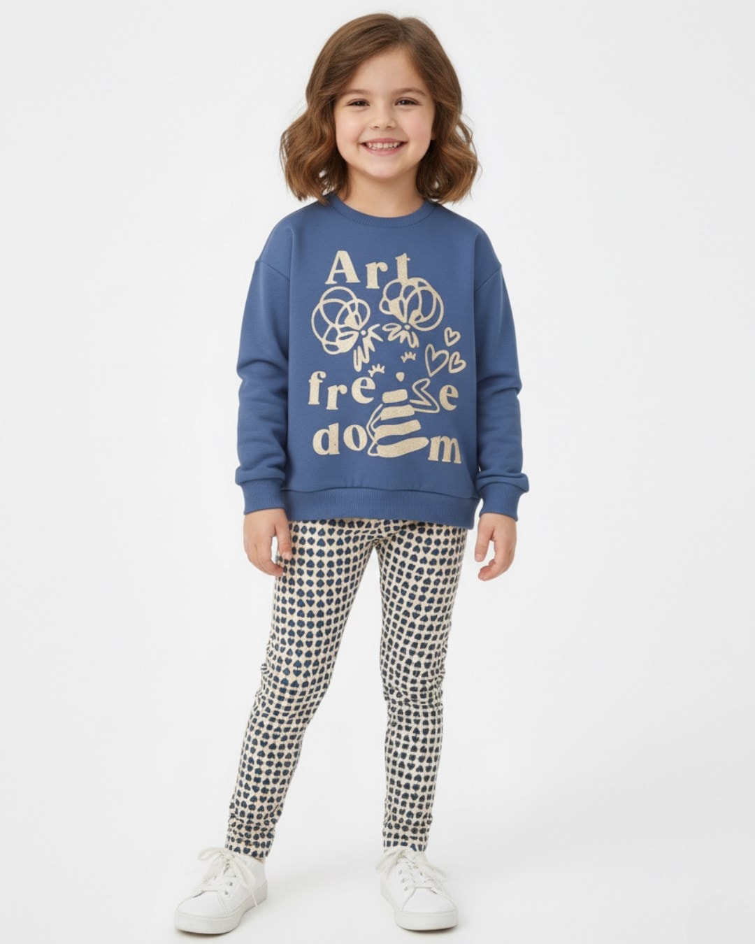 Kız Çocuk Kalp Baskılı Taytlı, Mevsimlik, 2-10 Yaş Sweatshirtlü Alt Üst Taytlı Takım R2318  - MAVİ