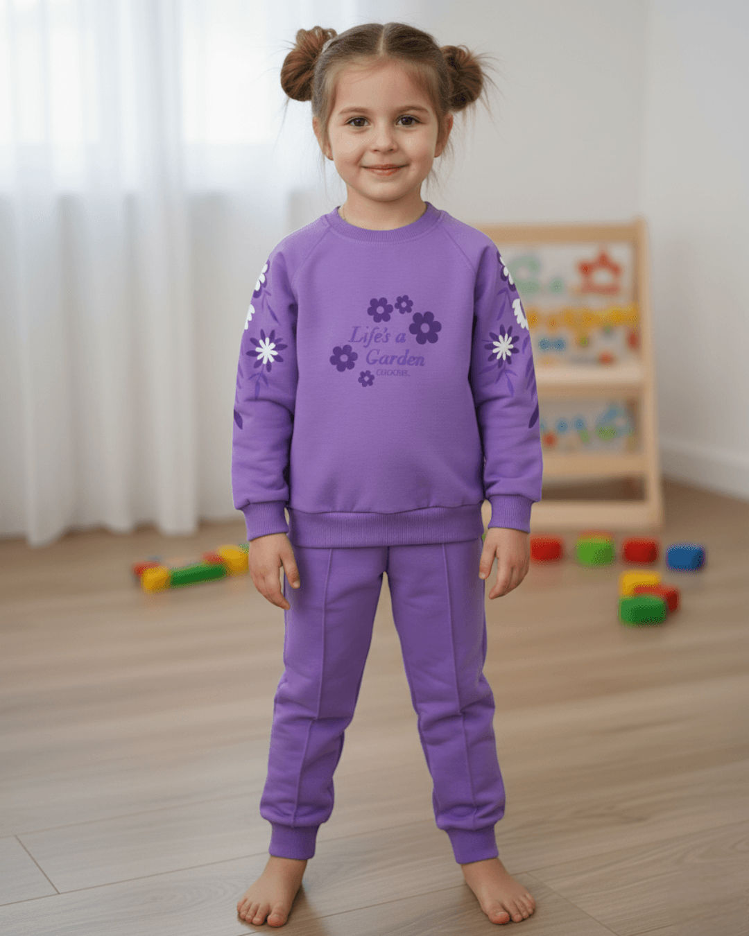 Kız Çocuk Çiçek Baskılı 2-3-4-5-6-7-8-9-10 Yaş Compact Eşofman Takımı R2193 - MOR