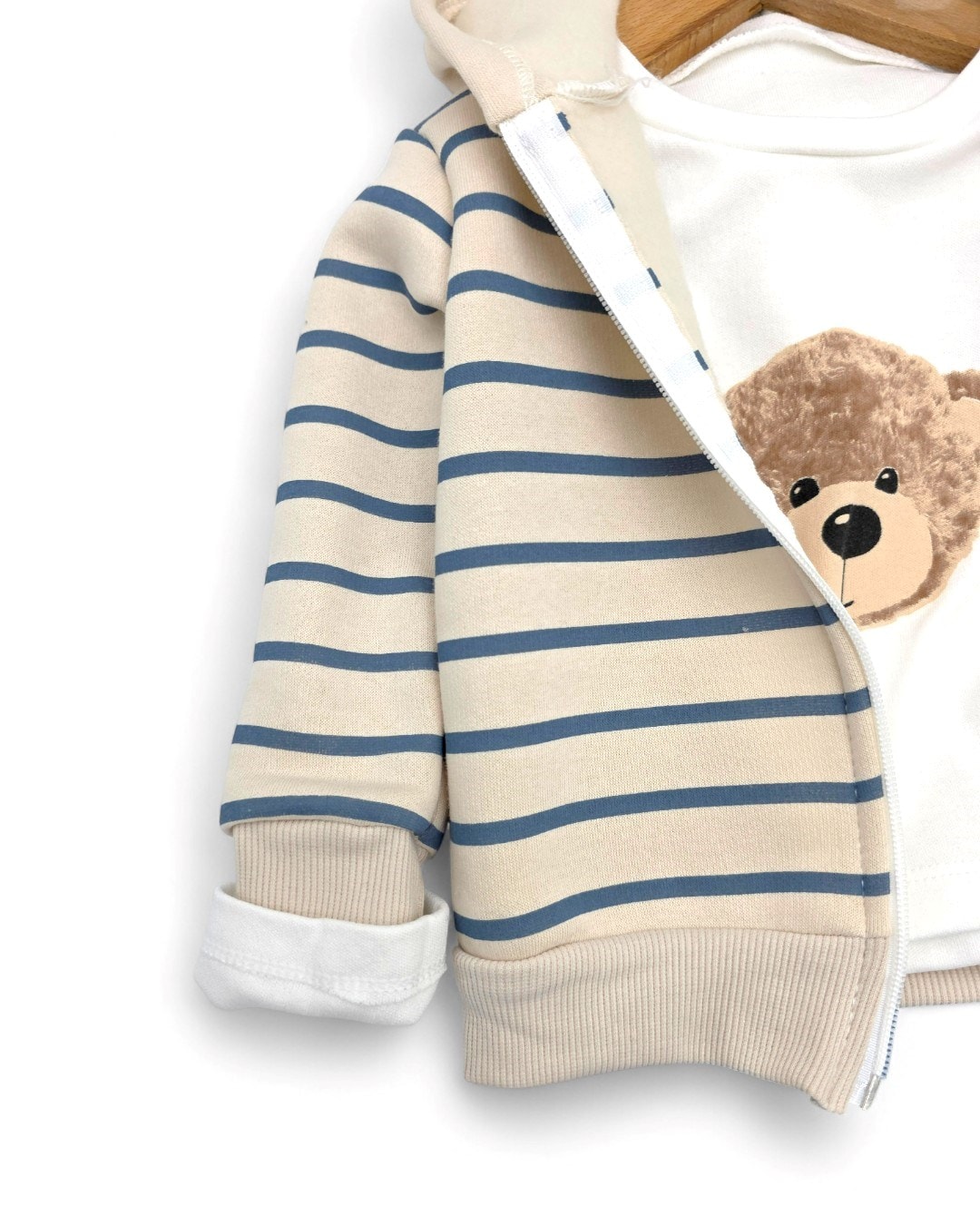 Erkek Bebek Çizgili Ayıcıklı , Kışlık 3 İp Şardonlu Ceket ve Altlı, İnce Badili, 6-24 Ay 3'lü R2299