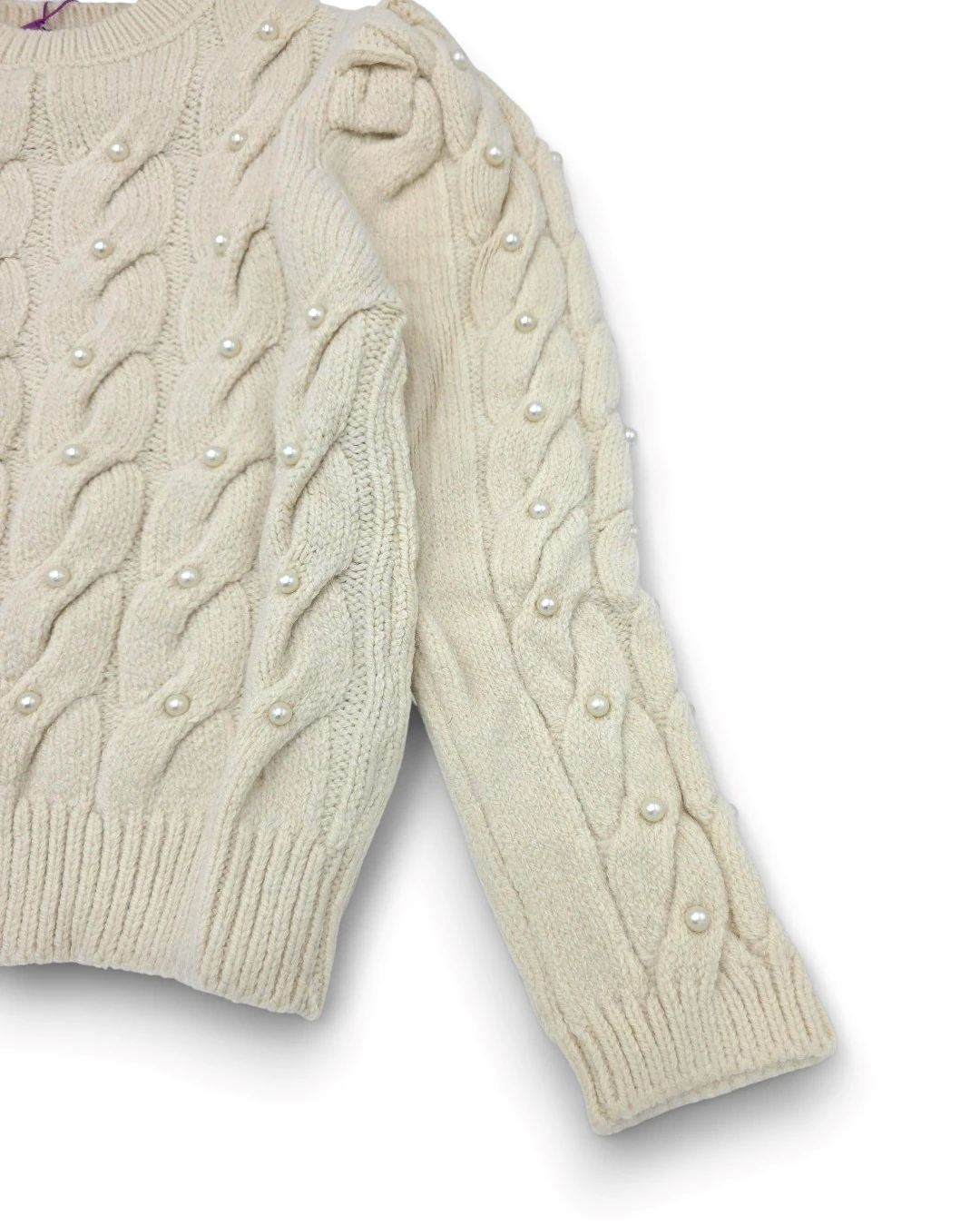 Kız Çocuk İnci İşlemeli Kalın Örme Triko Kazak 10-11-12-13-14-15 Yaş Kışlık Triko Kazak / Balon Kol R2331 