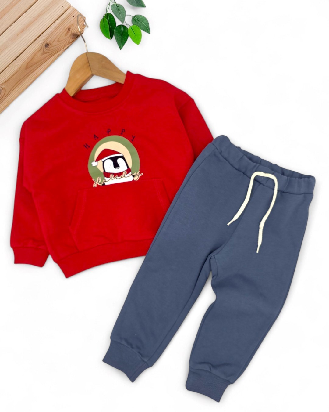 Erkek Çocuk 3 İp Şardonsuz Baskılı Kırmızı Sweatshirt ve Mavi Eşofman Altlı 2-3-4-5-6 Yaş Takımı 