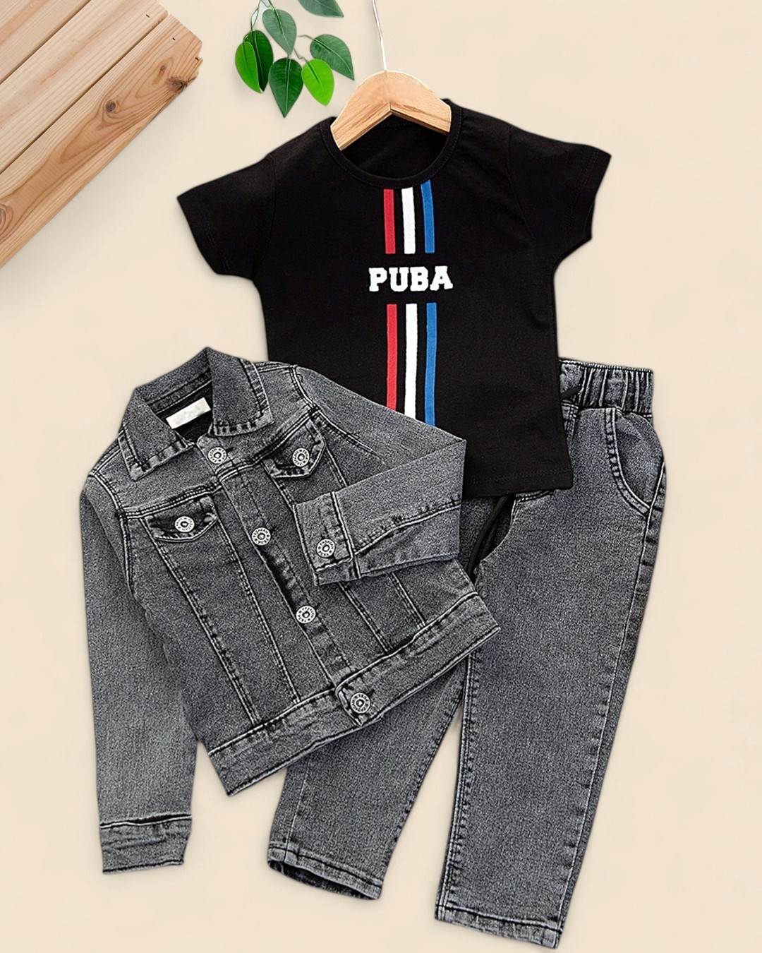 Erkek Çocuk Mevsimlik Esnek Kumaşlı 3’lü Jogger Takım | Tişört, Kot Ceket ve Pantolon 2-9 Yaş R1991 - GRİ