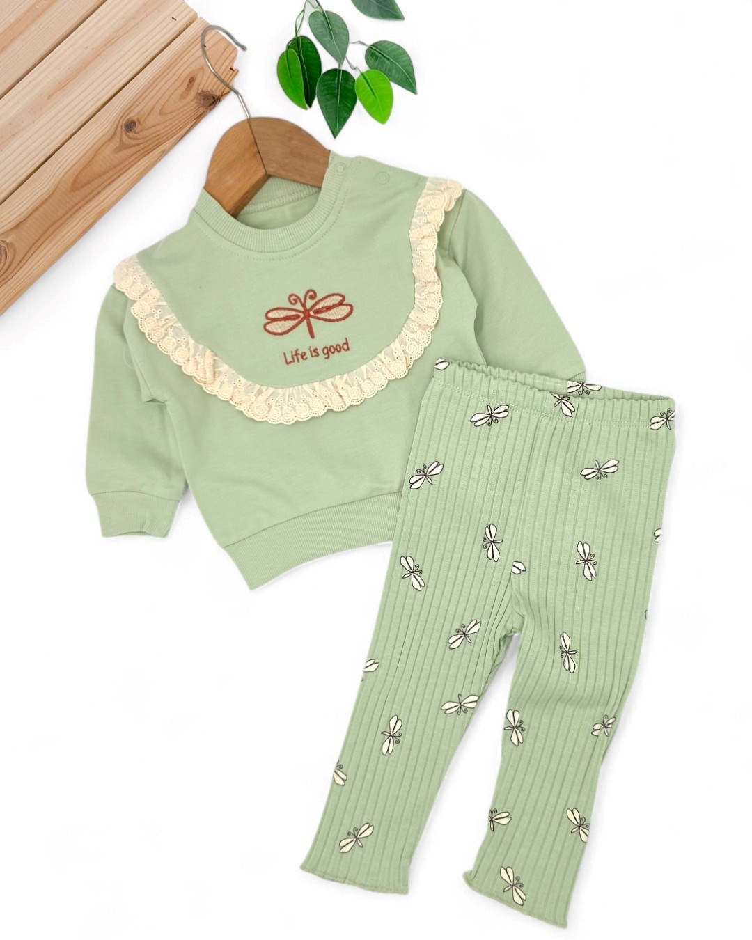 Kız Bebek Kelebek Nakışlı, Fitilli Taytlı, Fırfır Detaylı 6-9-12-18-24 Ay Şık Bebek Takımı R2071 - YEŞİL