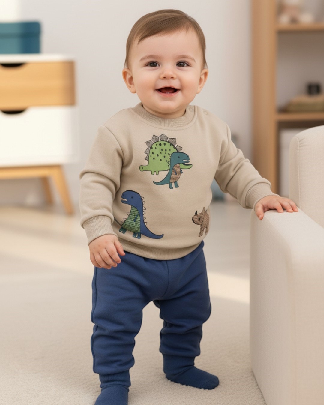Erkek Bebek Dinazor Baskılı Mevsimlik 3-6-9-12-18 Ay Alt Üst Bebek Takımı R1490 - MAVİ