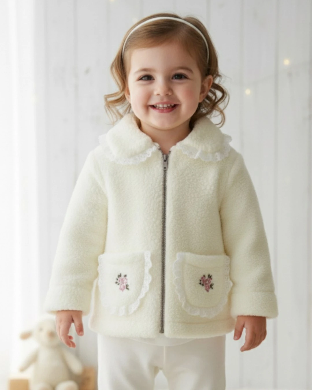 Kız Bebek 1-2-3 Yaş, Çiçek Nakışlı, Fisto Detaylı Kuzu Hırka, Ceket, Polar Hırka Ceket R2358