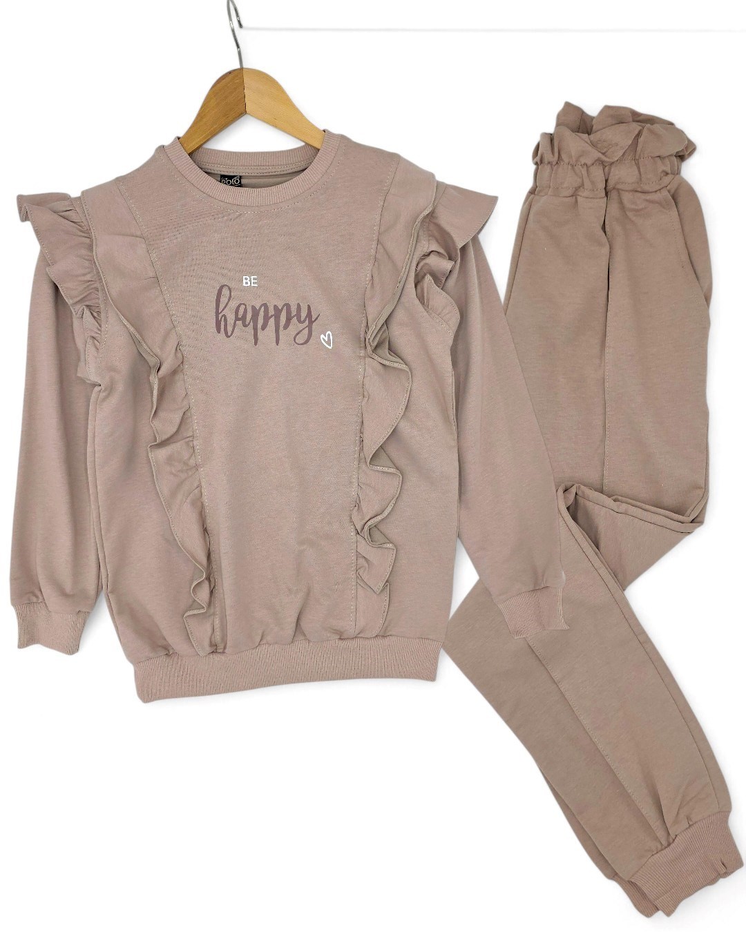 KIZ ÇOCUK BE HAPPY BASKILI 6-14 YAŞ FIRFIR DETAYLI MEVSİMLİK 2 İP ŞARDONSUZ EŞOFMAN TAKIMI R1252 - BEJ