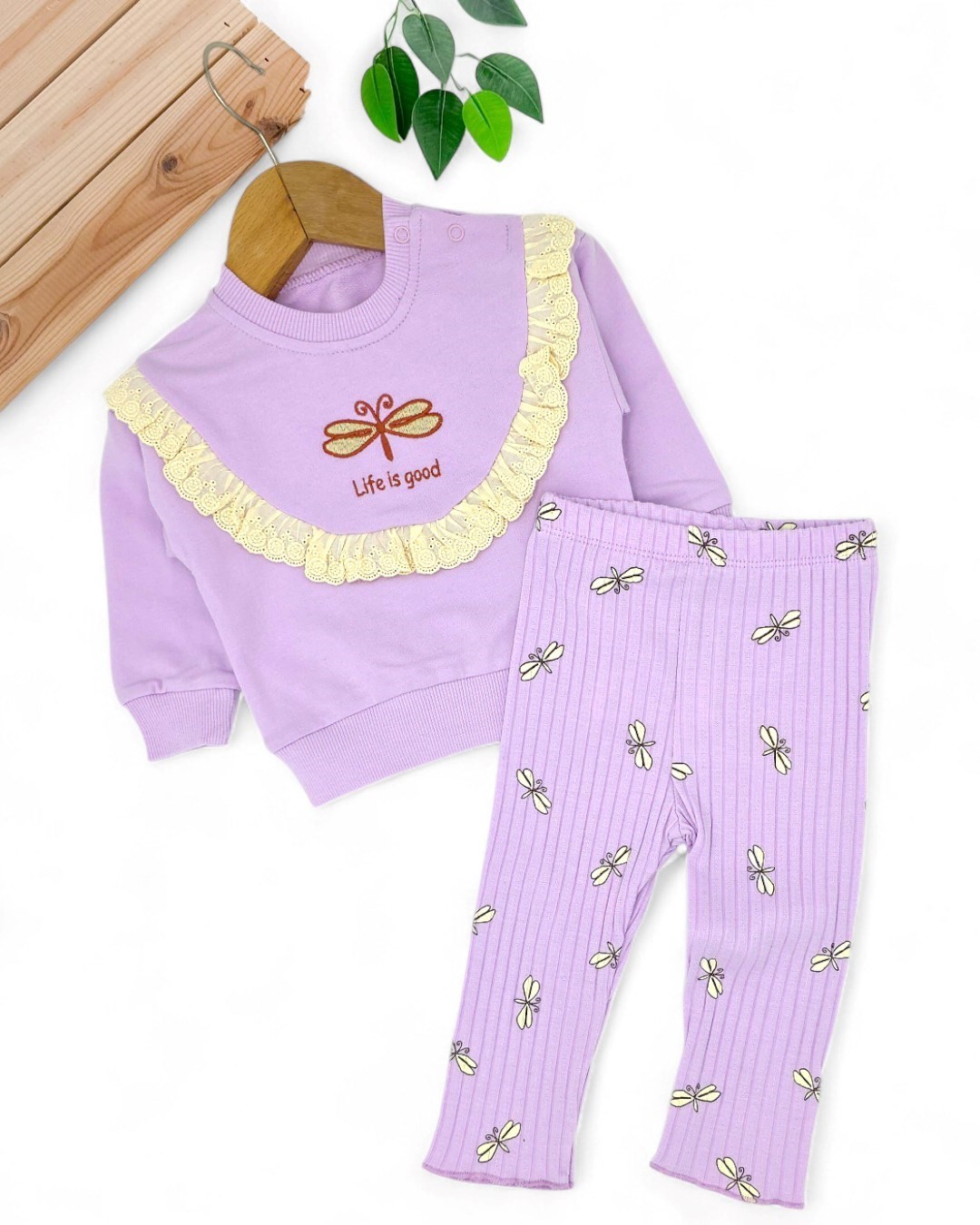 Kız Bebek Kelebek Nakışlı, Fitilli Taytlı, Fırfır Detaylı 6-9-12-18-24 Ay Şık Bebek Takımı R2071 - LİLA