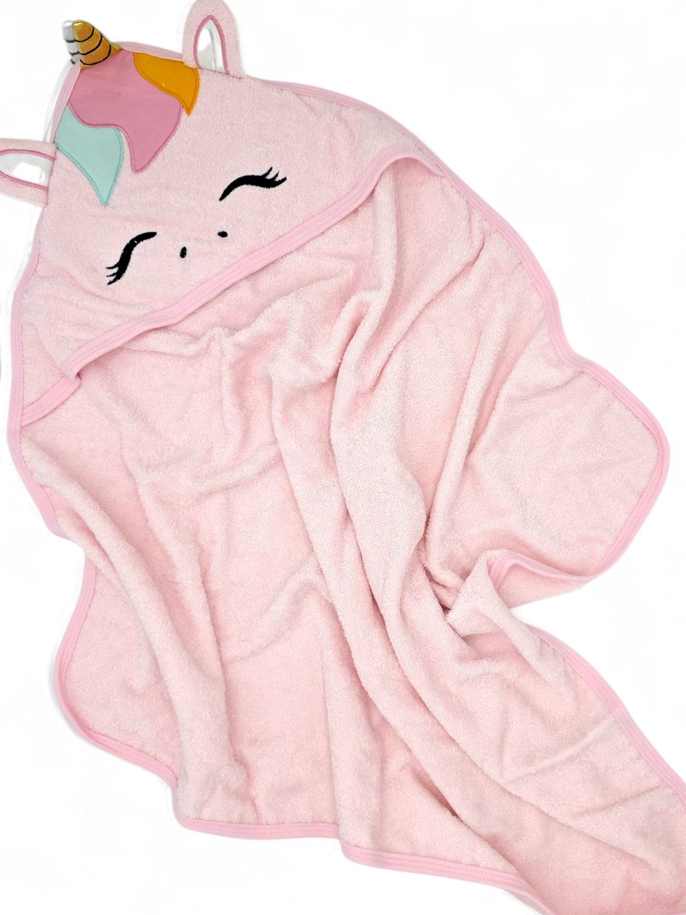 KIZ BEBEK 0-4 YAŞ PEMBE UNICORN DESENLİ HAVLU VE BORNOZ TAKIMI + KESE VE TERLİKLİ BANYO SETİ BN8
