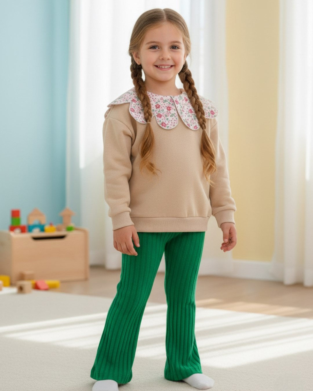 Kız Çocuk 2-3-4-5-6 Yaş Fitilli Taytlı Kışlık 3 İp Şardonlu Bebe Yakalı Şık Takım  R1459 - YEŞİL