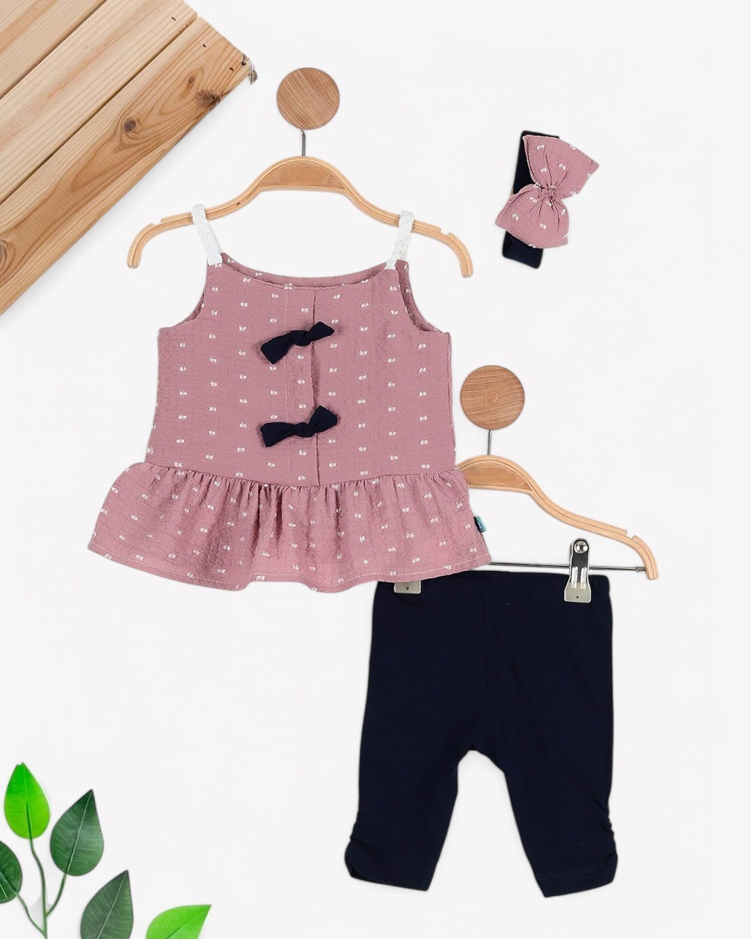 KIZ BEBEK 6-9-12-18-24 AY İP ASKILI BLUZ VE TAYTLI YAZLIK ŞIK TAKIM R1730 - GÜL KURUSU