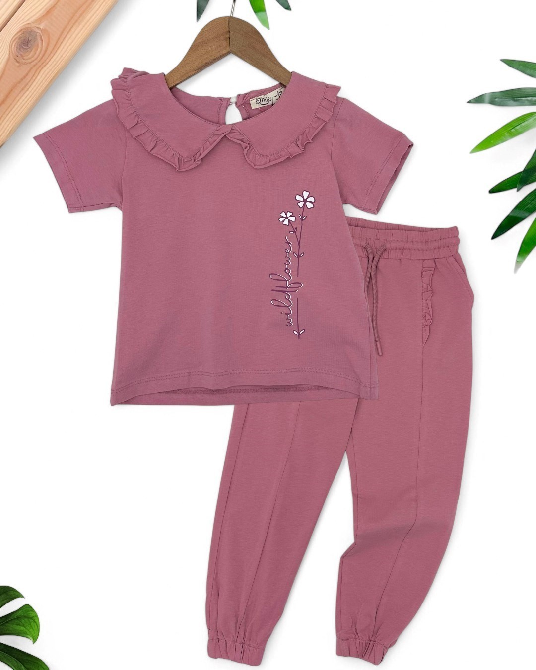 KIZ ÇOCUK YAZLIK 5-6-7-8-9 YAŞ ÇİMALI PANTALONLU ALT ÜST TAKIM R1788 - GÜL KURUSU
