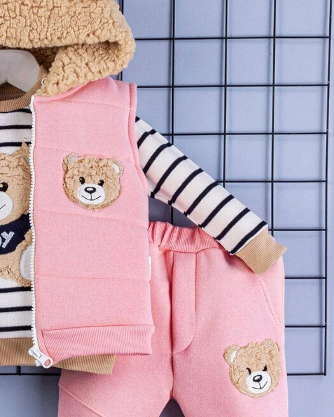 Kız Bebek 3 İp Şardonlu, Welsoft Kapüşonu Kulak Detaylı 6-9-12-18 Aylık, 2-3-4 Yaş 3 Parça Kışlık Takım R2240