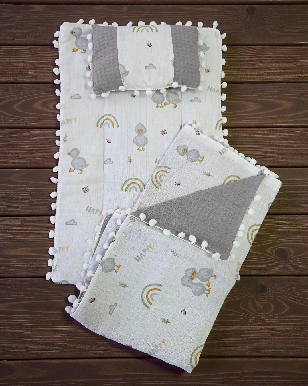 Battaniyeli, Yastıklı 3'lü Alt Açma Minderi Seti, Müslin Desenli Alt Açma R2367 - MODEL 1