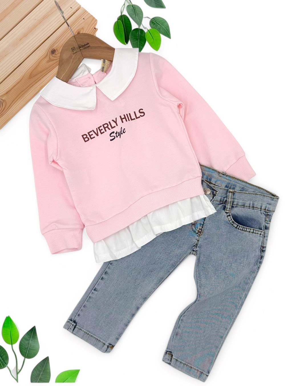KIZ ÇOCUK MEVSİMLİK KOT PANTALONLU 1-2-3-4 YAŞ GÖMLEK YAKA DETAYLI ALT ÜST ŞIK TAKIM  R1612 - PEMBE