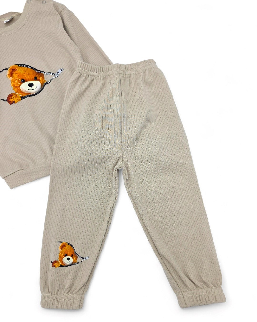Ayıcıklı Fermuar Desenli Fitilli Pamuklu Erkek Bebek Takımı | Bebek Eşofman Pijama Alt Üst Takım R2208