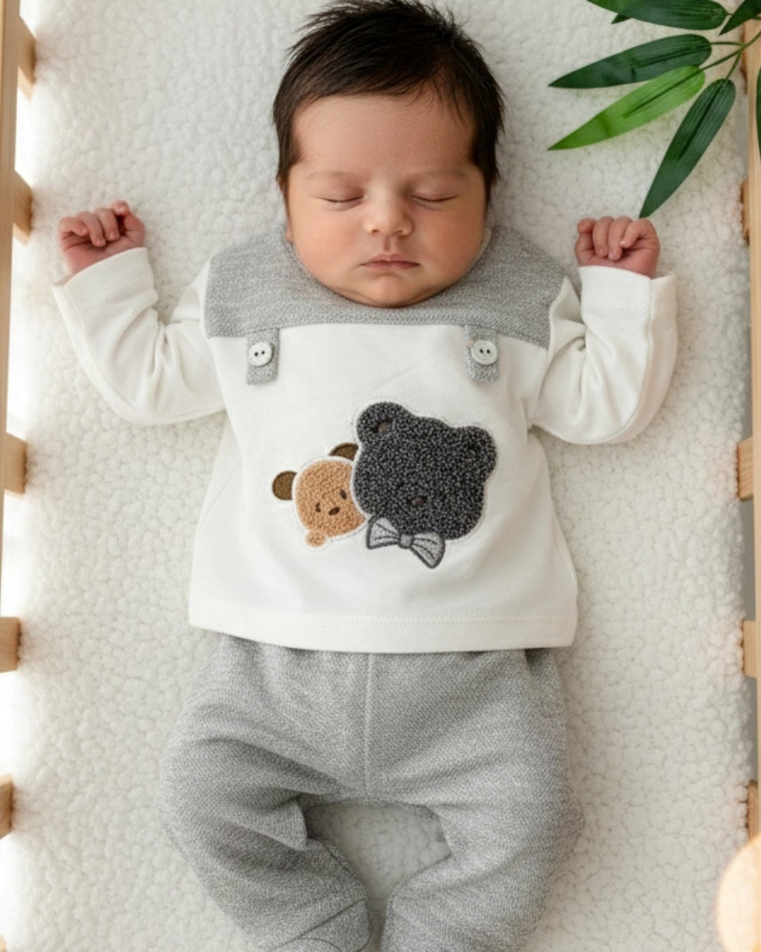 Erkek Bebek Mevsimlik Takımı, Ayıcık Nakışlı Uzun Kollu Bisiklet Yaka, Düğmeli Yakası Çıtçıtlı R1019 - GRİ