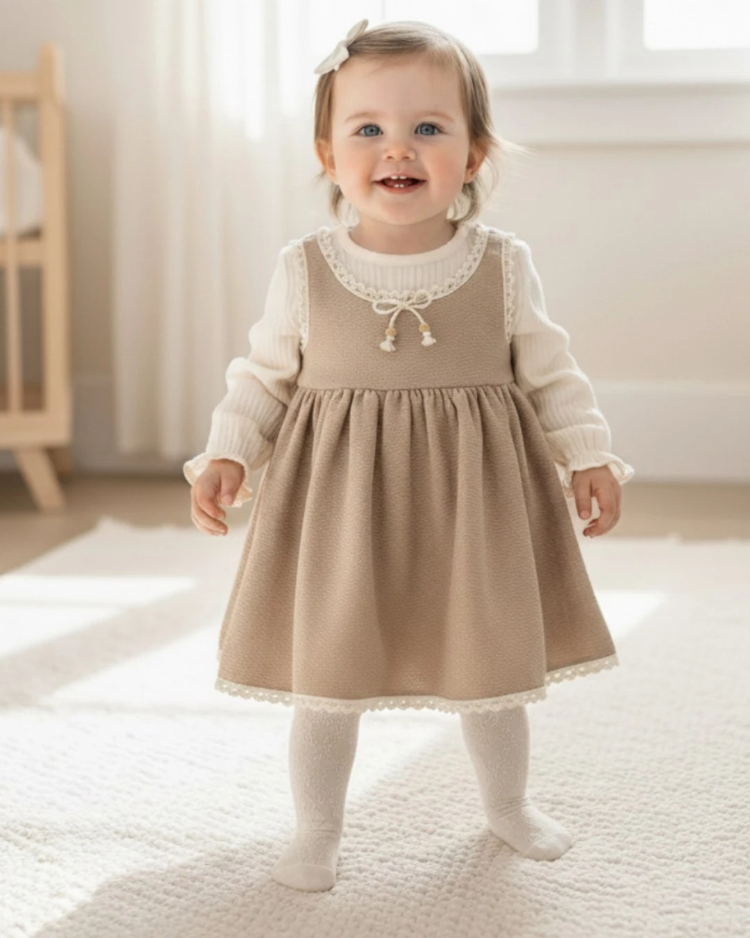 Kız Bebek 6-9-12-18-24 Aylık Müslin & Keten Şık Bohem Elbise, Mevsimlik Bayramlık Bebek Elbisesi R2345