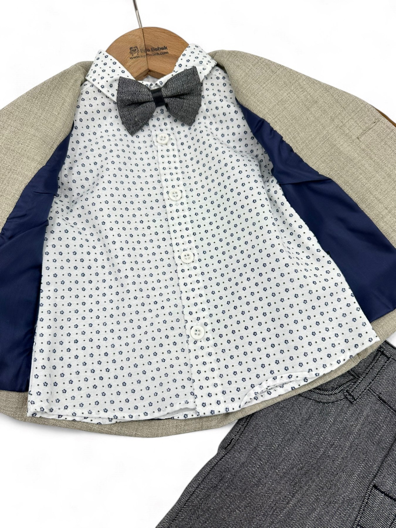 ERKEK BEBEK 6-9-12-18-24 AY GRİ PANTALONLU CEKETLİ PAPYONLU ŞIK TAKIM ELBİSE R1480