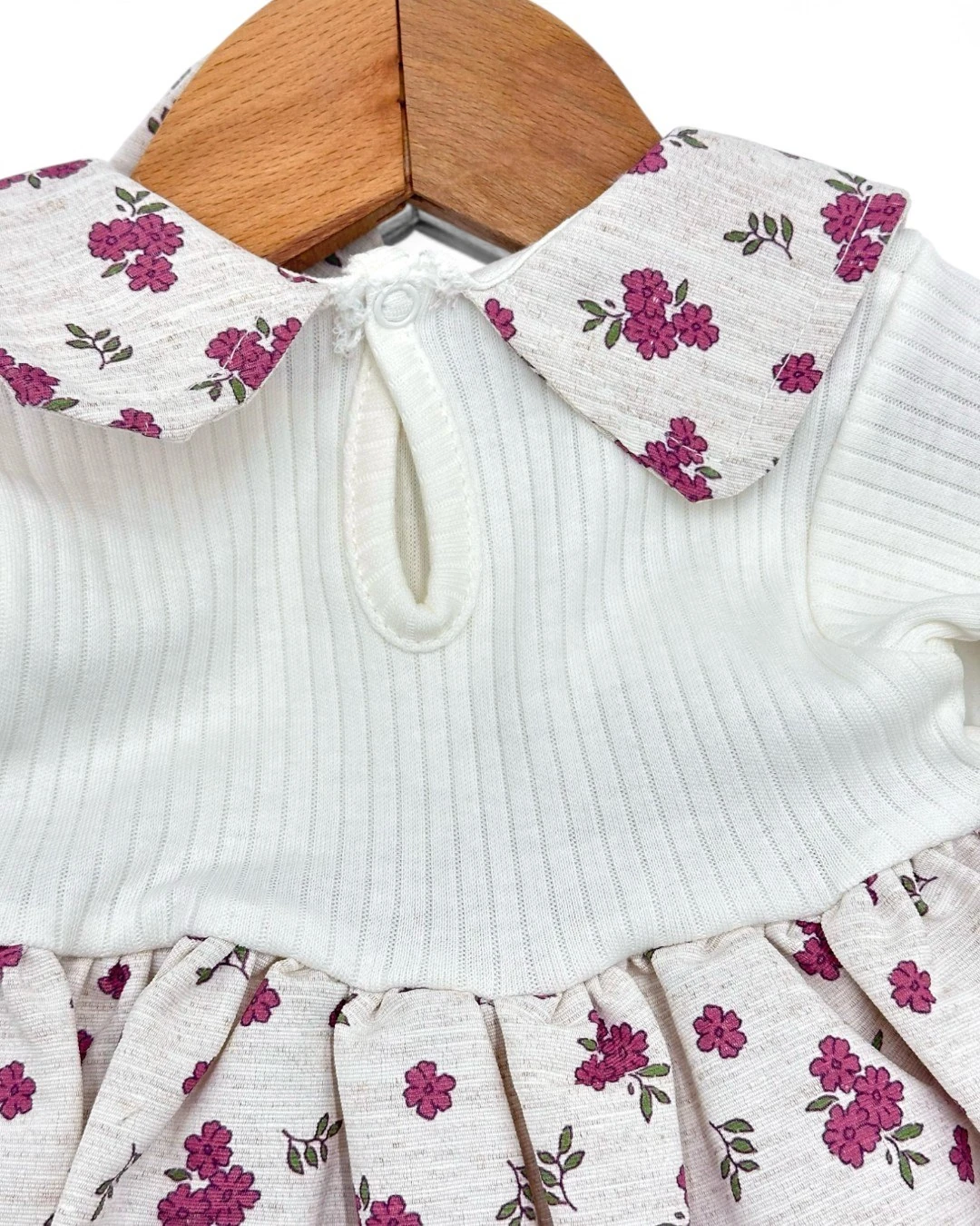 KIZ BEBEK ÇİÇEK BASKILI YAKA DETAYLI  KETEN ELBİSE 3-6-9-12-18 AY BEBEK ELBİSE R1556